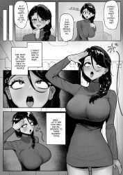 absurdres ahegao arbrebonk before_and_after black_hair blush braid breasts clothed comic consensual dialogue drool empty_eyes english_text femsub greyscale huge_breasts large_breasts monochrome open_mouth original saluting smile speech_bubble standing standing_at_attention sweat sweater text tongue tongue_out unfocused_eyes