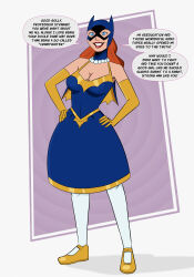 barbara_gordon batgirl blue_eyes breasts cleavage clothed dc_comics dialogue dress english_text female_only femsub gloves happy_trance housewife hugo_strange lipstick long_hair mask orange_hair polmanning red_lipstick smile solo speech_bubble stepfordization super_hero text
