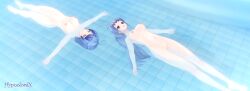  3d aoi_(hypnolordx) blue_hair breasts custom_maid_3d_2 empty_eyes female_only femsub floating happy_trance hinata_hikari_(hypnolordx) hypnolordx long_hair mother_and_daughter nude pool short_hair water 