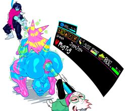 anal ass ass_focus balls barefoot blue_skin body_markings deltarune erect_nipples erection furry futanari futasub horns hyper_cock kris_(deltarune) multiple_boys muscle_girl nude pink_hair puffy_asshole ralsei shakken slouching stiff_tail susie_(deltarune) tagme thick_thighs transformation werewire wires 