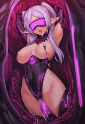 ai_art artist_request elf elf_ears female_only femsub frieren frieren:_beyond_journey&#039;s_end long_hair open_mouth restrained solo spiral tongue tongue_out visor white_hair