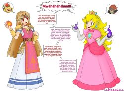 bowser bracers brown_eyes circlet clothed collarbone comic corruption crown dialogue dress evil_smile femsub flame ganondorf gloves hand_on_hip hazama magic maledom multiple_boys multiple_doms multiple_girls nintendo opera_gloves possession princess princess_peach princess_zelda red_eyes simple_background speech_bubble super_mario_bros. text the_legend_of_zelda white_background