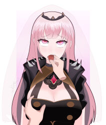  absurdres breast_grab breasts calliope_mori cleavage drool female_only finger_in_mouth hanging_breasts hololive hololive_english huge_breasts hypnotic_eyes kronobas28 pink_hair pov simple_background tongue tongue_out 