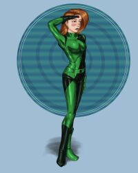absurdres blush bodysuit boots disney female_only femsub gloves green_eyes happy_trance hypnotic_accessory kim_possible kim_possible_(series) knee-high_boots latex long_hair microchip red_hair rotem_dishon saluting simple_background solo standing standing_at_attention tech_control