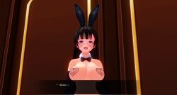 3d absurdres blue_eyes blush bow_tie breasts brown_hair bunny_ears cuffs custom_maid_3d_2 dialogue drool empty_eyes fake_animal_ears femsub gloves happy_trance large_breasts long_hair nipples open_mouth opera_gloves policewoman reverse_bunnysuit sennoudaisuki smile tech_control text topless translated