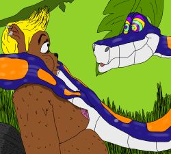 beaver_girl blonde_hair cheek_squish chubby coils earrings furry hypnotic_eyes jungle kaa_eyes original p3rvyrat slithers_(furtherhypnosis) snake snake_boy topless