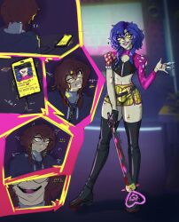  before_and_after blood brain_injection brown_hair bulge cosplay crossdressing dead_by_daylight eyeshadow feminization glasses glowing_eyes hacking lipstick long_nails makeup malesub marchenillust mina_(dead_by_daylight) nail_polish original possession progress_indicator purple_hair smile tech_control thigh_boots weapon yellow_eyes 