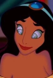 aladdin_(series) black_hair bottomless breasts coils dark_skin disney female_only femsub happy_trance harem_outfit hypnotic_eyes kaa_eyes large_breasts long_hair maledom nude princess princess_jasmine smile spiral_eyes symbol_in_eyes the_jungle_book topless western