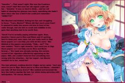 blonde_hair breasts caption discolun_(manipper) drool femsub glasses glowing glowing_eyes kneeling large_breasts maledom manip natalia_luzu_kimlasca-lanvaldear open_clothes panties short_hair shuragyoku_mami skirt skirt_lift tales_of_(series) tales_of_the_abyss text thighhighs underwear