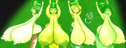  antenna arms_above_head black_hair blue_eyes bondage breast_expansion breasts expressionless female_only femsub glasses glowing green_eyes handcuffs huge_breasts hyper_breasts multiple_girls nipples open_mouth orange_hair short_hair standing tech_control topless tubes valentine_(artist) watermark 