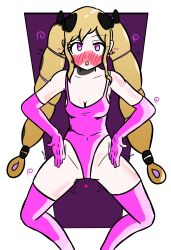 alternate_costume bare_shoulders blonde_hair blush breasts cleavage elise_(fire_emblem) eye_color_change female_only femsub fire_emblem fire_emblem_fates gloves haigure illumina long_hair nintendo open_mouth opera_gloves pink_eyes simple_background solo spiral symbol thighhighs thighs twintails very_long_hair