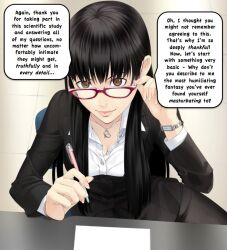 black_hair disgustinggirl_(manipper) female_only femdom glasses humiliation looking_at_viewer manip necklace original pov pov_sub spiral_eyes symbol_in_eyes text wrist_watch