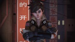 3d animated animated_gif breasts brown_hair chinese_text clothed eh female_only femsub happy_trance kaa_eyes large_breasts looking_at_viewer open_mouth overwatch pov pov_dom short_hair smile solo source_filmmaker spiral_eyes symbol_in_eyes text tongue tracer
