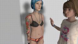  3d animated animated_gif blue_hair breasts brown_hair catalepsy chloe_price female_only femdom femsub life_is_strange max_caulfield multiple_girls short_hair smile tagme tattoo underwear 