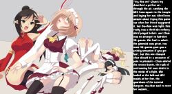 ahegao black_hair blonde_hair caption caption_only china_dress elf_ears empty_eyes female_only femsub fighting_stockings_girl_(series) maid manip mvv open_mouth original panties tech_control text thighhighs toxic_thunder_(manipper) underwear