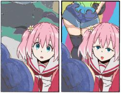  ass ass_focus ass_worship before_and_after blue_eyes border comic elizabethwhitfujoshi empty_eyes expressionless eyebrows_visible_through_hair female_only femdom femsub flower flower_in_hair hair_ornament hanging_breasts hypnotic_ass jean_shorts miss_kobayashi's_dragon_maid multiple_girls nana_hiiragi quetzalcoatl_(maidragon) school_uniform shorts surprised talentless_nana thighhighs thighs tongue tongue_out twintails uniform yuri 