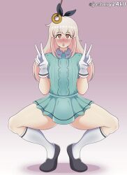  blush brown_eyes coin double_v dress empty_eyes femsub gloves gradient_background hair_band jostony24k0 long_hair mahiro_oyama onimai:_i'm_now_your_sister! open_mouth pendulum pink_hair shoes simple_background skirt socks squatting v 