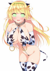 bent_over bikini_bottom blonde_hair blush breasts cleavage collar cow_girl cow_print elf elf_ears fake_animal_ears female_only femsub gloves glowing glowing_eyes how_not_to_summon_a_demon_lord huge_breasts ichi_makoto large_hips long_hair looking_at_viewer manip misterman4_(manipper) open_mouth opera_gloves shera_l._greenwood smile spiral_eyes swimsuit symbol_in_eyes tagme thighhighs