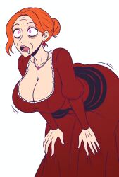 ai_art cleavage collarbone dress drool earrings female_only femsub glowing_eyes huge_breasts leaning_forward maledom minimimic_(generator) necklace open_mouth orange_hair pink_eyes queen royalty short_hair shrunken_irises simple_background stable_diffusion_(ai) white_background