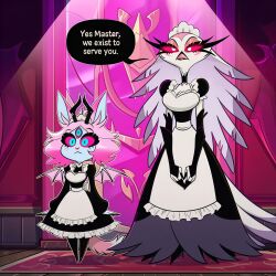  ai_art cleavage emberlynn_pinkle english_text expressionless furry glowing_eyes hellsing002_(generator) helluva_boss horns maid maid_headdress milf owl_girl pink_hair red_sclera speech_bubble standing_at_attention stella_(helluva_boss) wings 