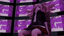 3d animated animated_gif breasts clothed dangan_ronpa dazed female_only femsub junko_enoshima large_breasts legsweepboxer long_hair maya_fey open_mouth seizure_warning skirt subliminal tech_control text twintails 