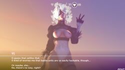 3d absurdres blindfold breasts clothed_exposure corruption erect_nipples female_only femsub gloves happy_trance heart large_breasts leotard maledom nier nier_automata nipples poser ridley_(artist) short_hair smile solo tech_control text thighhighs topless v watermark white_hair yorha_no._2_type_b