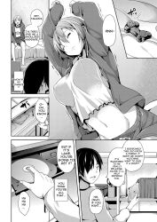 breasts brother_and_sister comic date game_controller greyscale large_breasts maledom midriff navel original right_to_left short_hair shorts text
