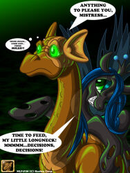 animals_only crown cyan_hair dragon_boy femdom glowing glowing_eyes green_hair hooves horns jewelry long_hair lysozyme malesub my_little_pony original queen_chrysalis text thought_bubble wings