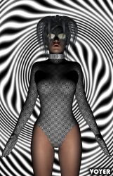 3d bare_legs bodysuit female_only femsub goggles grey_hair long_hair mask original spiral standing standing_at_attention voyer