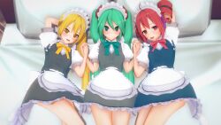  3d absurdres ahoge armpits arms_above_head bare_legs bed blonde_hair blue_eyes blue_hair blush drill_hair empty_eyes female_only femsub hair_ornament happy_trance headphones holding_hands koikatsu! long_hair lying microphone miku_hatsune multiple_girls multiple_subs neru_akita on_back open_mouth pillow red_eyes red_hair shadow1333 short_skirt side_ponytail skirt smile teto_kasane thighhighs twintails very_long_hair vocaloid yellow_eyes 