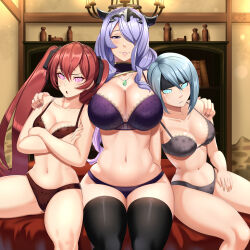  beruka bra breasts camilla_(fire_emblem_fates) castell cleavage crown female_only femdom femsub fire_emblem fire_emblem_fates glowing_eyes huge_breasts hypnotic_accessory large_hips lingerie long_hair looking_at_viewer manip misterman4_(manipper) multicolored_hair multiple_girls necklace nintendo open_mouth panties severa_(fire_emblem) short_hair small_breasts spiral_eyes symbol_in_eyes tagme thighhighs twintails underwear 