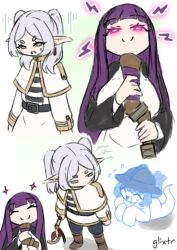  elf fern_(frieren:_beyond_journey's_end) frieren frieren:_beyond_journey's_end ghost glixtr glowing_eyes happy_trance purple_hair white_hair 