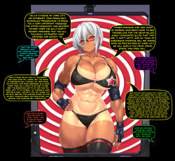  abs anonyma bikini bikini_top breasts cleavage dark_skin dazed dialogue enemy_conversion female_only femdom femsub huge_breasts hypnotic_breasts hypnotic_screen hypnotized_hypnotist large_breasts male_pov manip mass_hypnosis midriff muscle_girl navel open_mouth pov pov_sub real_xxiii red_eyes same_ningen sela_(real_xxiii) spiral_eyes symbol_in_eyes tagme tan_lines tech_control text thick_thighs thighhighs tiechonortheal_(manipper) white_hair 