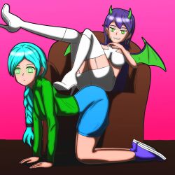  all_fours bare_shoulders blue_hair breasts chair clothed demon_girl earrings expressionless fangs female_only femdom femsub glowing_eyes gradient_background hoodie horns human_furniture juliana_(universalkid12) large_breasts long_hair nylah_(romacotta) original ponytail purple_hair shoes shorts sitting slit_pupils smile spiral succubus surrisaki thighhighs wings 