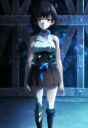 armor breasts brown_hair drugged empty_eyes expressionless female_only femsub hypnotic_drug kabaneri_of_the_iron_fortress large_breasts looking_at_viewer mumei_(kabaneri) red_eyes short_hair standing