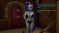  3d bare_legs before_and_after blue_eyes bra breasts cleavage collarbone cuddlycarlos dialogue female_only furry hand_on_hip horse_girl large_breasts long_hair my_little_pony navel open_mouth panties purple_hair rarity solo standing text underwear unicorn_girl white_skin 