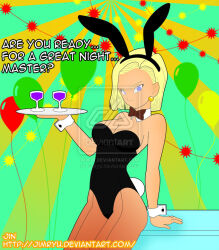  android_18 blonde_hair breasts bunny_ears bunny_girl bunnysuit cuffs dialogue dragon_ball fake_animal_ears female_only femsub happy_trance jimryu large_breasts pantyhose short_hair solo spiral_eyes symbol_in_eyes text tray waitress 