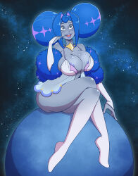 babydoll bimbofication blue_eyes blue_hair blue_lipstick cleavage crossed_legs finger_to_mouth fingerless_gloves gloves hair_buns knights_of_guinevere large_breasts lipstick makeup necklace nipples open_mouth opera_gloves princess_guinevere robot robot_girl sitting smile thighhighs wrenzephyr2