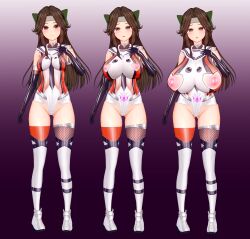  3d bare_shoulders before_and_after boots bow breast_expansion breasts brown_eyes brown_hair crotch_tattoo female_only femsub fishnets gloves gradient_background headband huge_breasts jintsu_(kantai_collection) kantai_collection koikatsu! leotard long_hair looking_at_viewer moawi1 nipple_cutout nipples opera_gloves purple_background sequence simple_background solo standing thigh_boots thigh_gap thighhighs tie white_background 