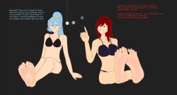  absurdres barefoot bikini blue_eyes blue_hair breasts brown_eyes clair cleavage denial erza_scarlet fairy_tail feet female_only femsub foot_focus large_breasts long_hair multiple_girls multiple_subs nintendo pendulum pokemon pokemon_heartgold_and_soulsilver ponytail red_hair text uh-stuff unaware underwear 