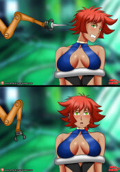  aurastudio before_and_after blush brain_injection breasts collarbone cutey_honey cutey_honey_(series) empty_eyes exposed_chest expressionless femsub green_eyes heart honey_kisaragi large_breasts mechanical_arm open_mouth red_hair resisting restrained short_hair tan_skin tech_control 