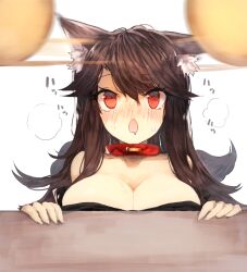 animal_ears bei_mochi blush breasts brown_hair cleavage collar dog_girl drool female_only femsub kagerou_imaizumi large_breasts long_hair open_mouth pendulum solo spiral_eyes sweat symbol_in_eyes tail text touhou wolf_girl