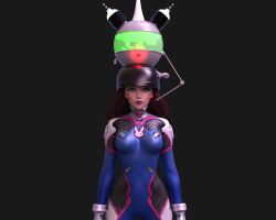 3d black_background bodysuit brown_hair d.va empty_eyes expressionless face_paint female_only femsub gloves green_eyes helmet hypnovideotoo jimmy_neutron_(series) lipstick long_hair makeup overwatch shoulder_pads simple_background solo standing standing_at_attention tech_control yolkian