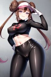  ai_art alternate_costume breasts brown_hair cameltoe crop_top empty_eyes erect_nipples erect_nipples_under_clothes female_only femsub gloves hair_buns hand_on_hip happy_trance hat looking_at_viewer midriff navel nintendo pants pokemon pokemon_black_and_white_2 purple_eyes rosa_(pokemon) rubber saluting seiha_(generator) smile solo stable_diffusion_(ai) standing team_rocket thick_thighs twintails 