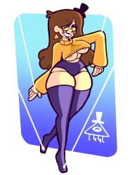    absurdres bill_cipher black_lipstick blue_background border breasts brown_hair clothed clothed_exposure earrings enemy_conversion eyeshadow femsub gradient_background gravity_falls hat jewelry lipstick long_hair mabel_pines maledom mascara midriff nipples possession puppet runny_makeup shirt_lift simple_background singlesalt thighs underboob yellow_sclera 