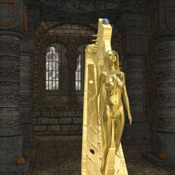 3d aurification bottomless breasts creativeguy59 empty_eyes expressionless female_only femsub gold human_furniture nude original solo statue topless