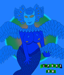 blue_hair blue_skin breasts female_only femsub guillermo_del_toro&#039;s_pinocchio large_breasts looking_at_viewer monster_girl multiple_eyes ring_eyes short_hair smile tail temperancedraws topless wings wood_sprite