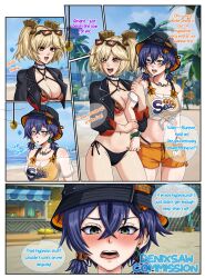  beach belle_(zenless_zone_zero) bikini blonde_hair blue_hair blush border breasts burnice_white_(zenless_zone_zero) choker cleavage clothed comic consensual denixsaw drool earrings english_text environmental_text femsub green_eyes hair_ornament hat heavy_eyelids jewelry large_breasts midriff navel necklace open_mouth orange_eyes outdoors pendulum shorts signature speech_bubble sunglasses swimsuit text twintails zenless_zone_zero 