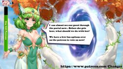  advertisement bare_shoulders breasts chien_vietnam elf_ears female_only green_eyes green_hair helen_(spiral_clicker) large_breasts looking_at_viewer spiral_clicker text 