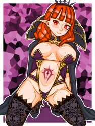  arm_bands arms_behind_back blush cape celica_(fire_emblem) collar earrings elf_ears fire_emblem fire_emblem_echoes hair_ornament high_heels kneeling large_breasts lingerie long_hair looking_at_viewer mimizunooka navel necklace nintendo orange_eyes orange_hair tattoo thigh_gap thighhighs thighs witch 